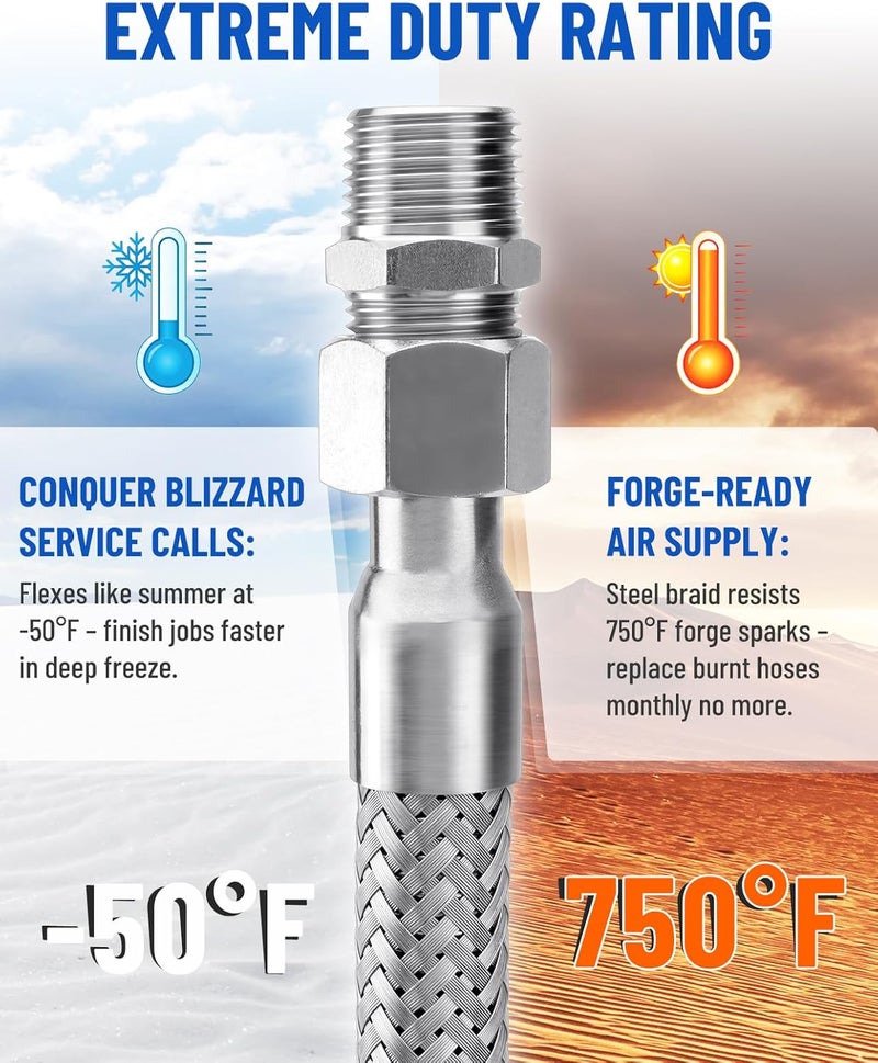 Turnirace طقم خرطوم قفز لضاغط الهواء 1/2" × 60" - نهايات دوارة 1/2" ذكر NPT إلى 1/2" ذكر NPT - 450 PSI، 750°F من الفولاذ المقاوم للصدأ مضفر - درجة صناعية - Image 3